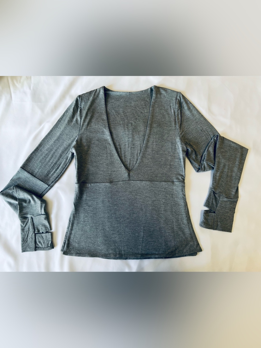 Grey Deep V-Neck Long Sleeve Top